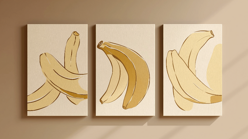 Papier peint bananes Trois illustrations stylisées de bananes dorées sur fond neutre