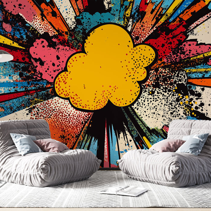 Papier peint bande dessinée de couleurs | Motif dynamique avec nuage jaune et éclats graphiques
