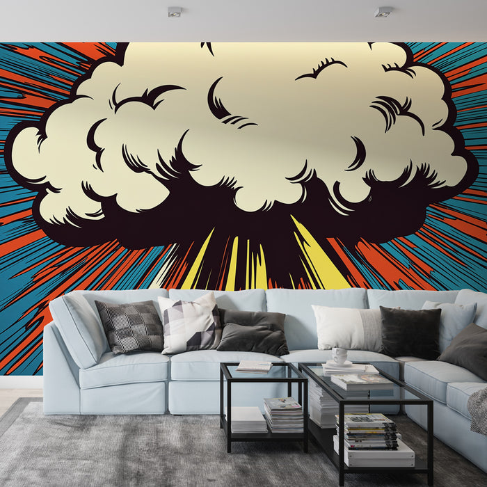Papier peint bande dessinée | Design dynamique avec nuages et rayons de couleur