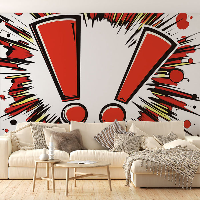 Papier peint bande dessinée | Effet explosif avec des points d'exclamation rouges