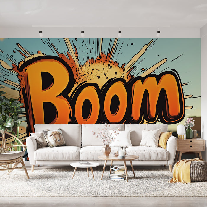 Un salon moderne avec un papier peint pop art représentant le mot "Boom" en lettres orange sur fond bleu, créant une ambiance dynamique et énergique.
