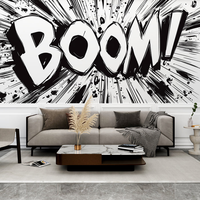 Papier peint bande dessinée | Motif dynamique 'BOOM!' en noir et blanc