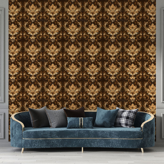 Un salon élégant avec un papier peint damassé aux motifs floraux dorés sur fond brun, créant une atmosphère chaleureuse et raffinée.