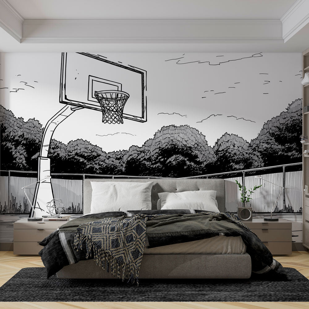 Tapisserie Murale Terrain De Basket XXL 240x260 Cm - Impression 3D Sur Microfibre - Décoration Salon, Chambre - Lavable, Facile à Installer