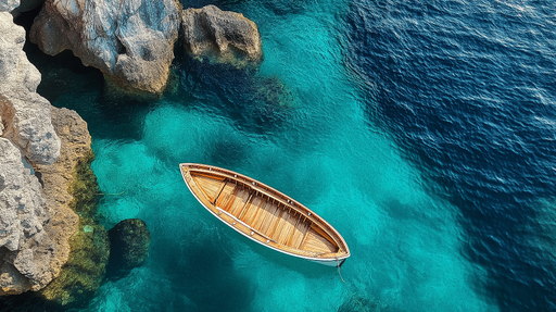 Papier peint bateau Barque en bois paisible sur une mer turquoise