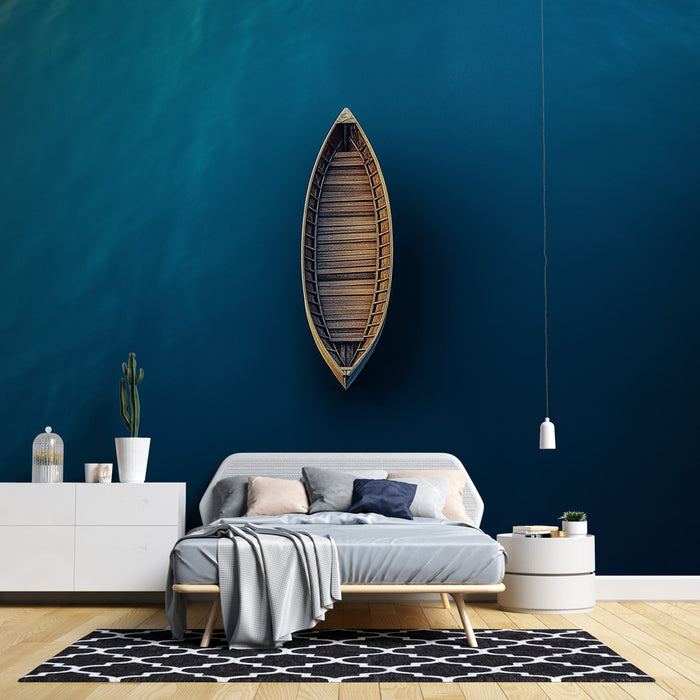Papier peint bateau | Barque en bois sur un fond aquatique apaisant