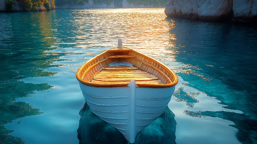 Papier peint bateau Bateau en bois flottant sur une eau turquoise paisible