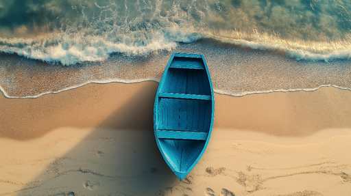 Papier peint bateau bleu Une scène paisible de plage avec un bateau en bois