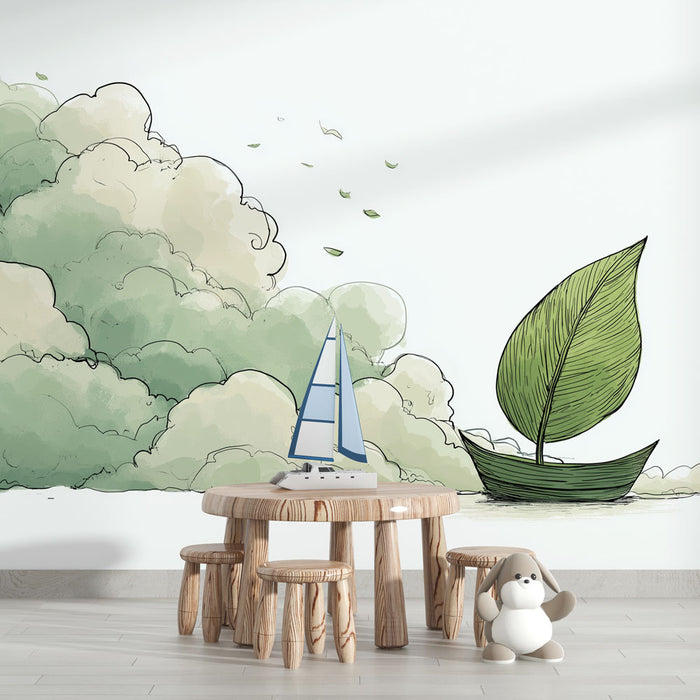Une chambre d'enfant avec un papier peint illustratif représentant un bateau stylisé et des nuages verts, créant une ambiance douce et imaginative.