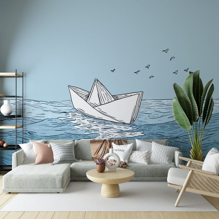 Un salon moderne avec un papier peint illustrant un bateau en origami sur fond bleu, créant une ambiance ludique et apaisante.