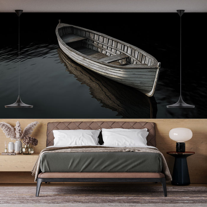 Papier peint bateau en bois sur lac calme pour décoration murale de chambre moderne