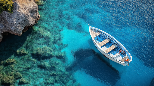 Papier peint bateau Un paisible bateau blanc sur des eaux turquoise claires