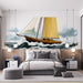 Une chambre moderne avec un papier peint représentant un voilier aux voiles jaunes naviguant sur des vagues tumultueuses, créant une ambiance dynamique et maritime.