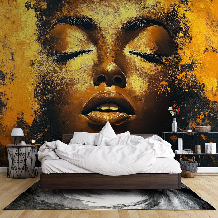 Papier peint artistique visage stylisé avec éclats dorés pour chambre moderne