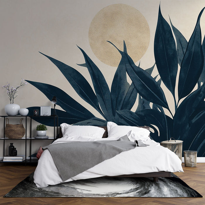 Papier peint beige avec motifs de feuillage | Feuilles sombres sur fond doux avec un soleil stylisé