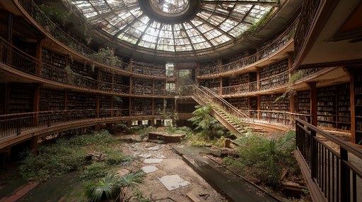 Papier peint bibliothèque abandonnée Ambiance de nature et nostalgie littéraire dans un cadre romantique