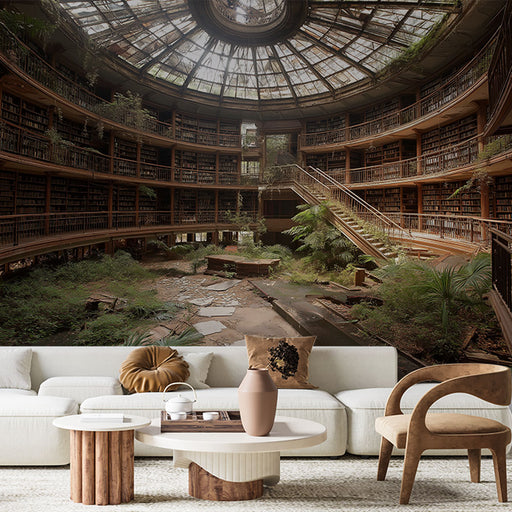 Une pièce de vie élégante avec un papier peint représentant une bibliothèque abandonnée, mêlant végétation luxuriante et atmosphère nostalgique.