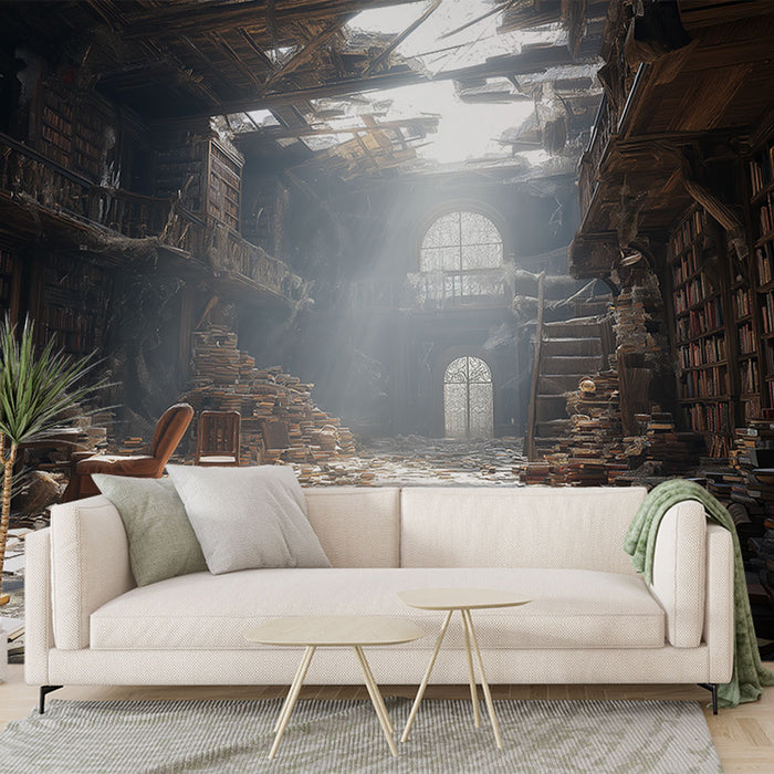 Un salon contemporain avec un papier peint représentant une bibliothèque ancienne en ruine, créant une atmosphère mystérieuse et nostalgique.