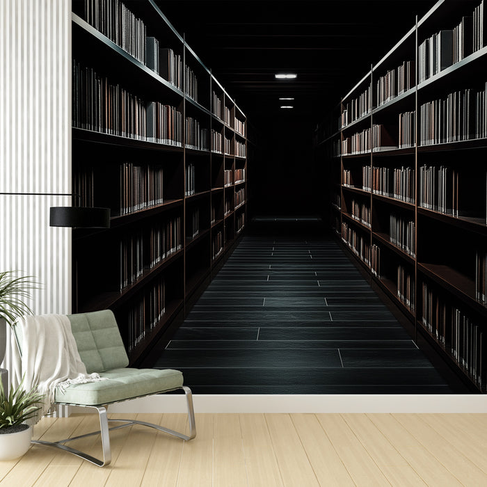 Une bibliothèque moderne avec un papier peint représentant un couloir sombre bordé d'étagères remplies de livres, créant une atmosphère mystérieuse et intrigante.