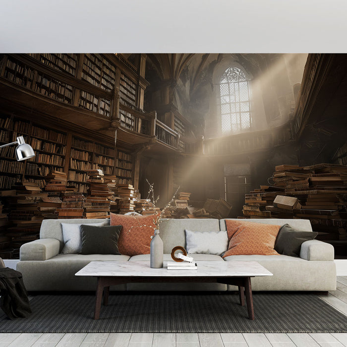 Un salon élégant avec un papier peint représentant une bibliothèque ancienne, aux tons sombres et chaleureux, créant une atmosphère mystérieuse et intemporelle.