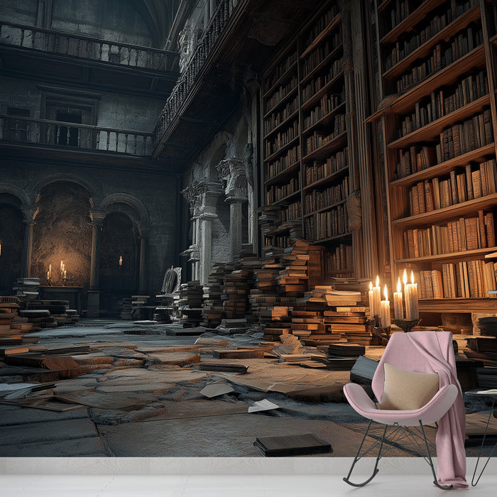 Une bibliothèque majestueuse avec un papier peint représentant des étagères chargées de livres anciens, créant une atmosphère mystérieuse et nostalgique.