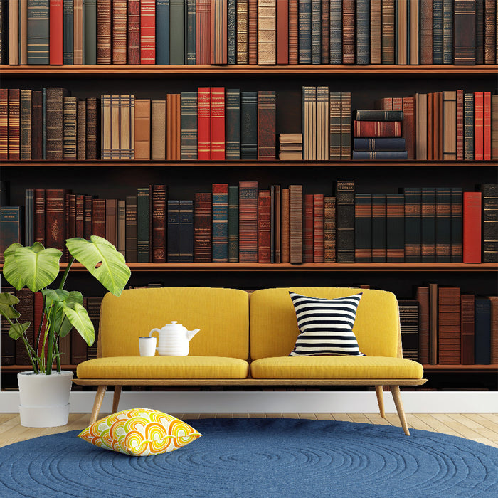 Un salon moderne avec un papier peint représentant une bibliothèque aux livres aux couvertures variées, créant une ambiance chaleureuse et intellectuelle.