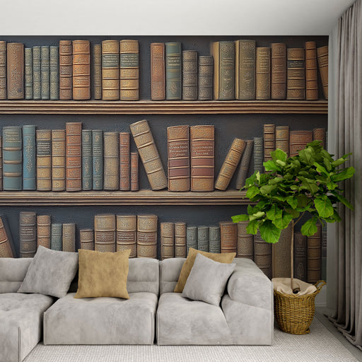 Une pièce de salon avec un papier peint représentant des étagères chargées de livres aux teintes chaleureuses et vintage, créant une ambiance intellectuelle et accueillante.