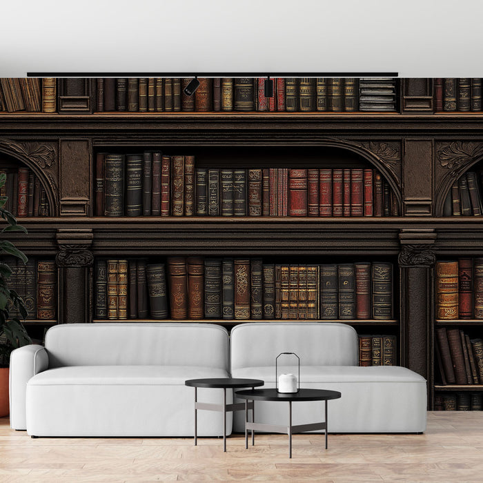 Papier peint bibliothèque | Étagères en bois avec livres anciens