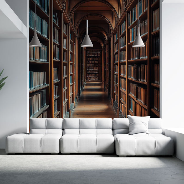 Papier peint bibliothèque | Étagères en bois avec livres classiques