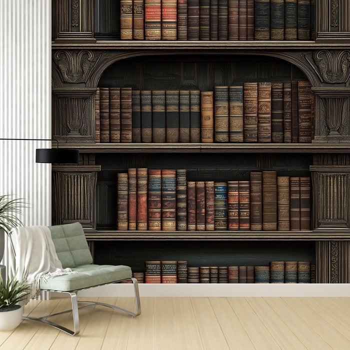 Papier peint bibliothèque | Étagères en bois chargées de livres anciens
