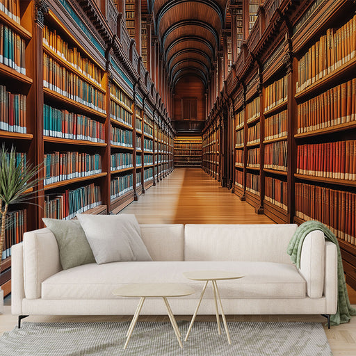 Un salon contemporain avec un papier peint représentant une bibliothèque majestueuse aux étagères en bois, créant une ambiance chaleureuse et intellectuelle.