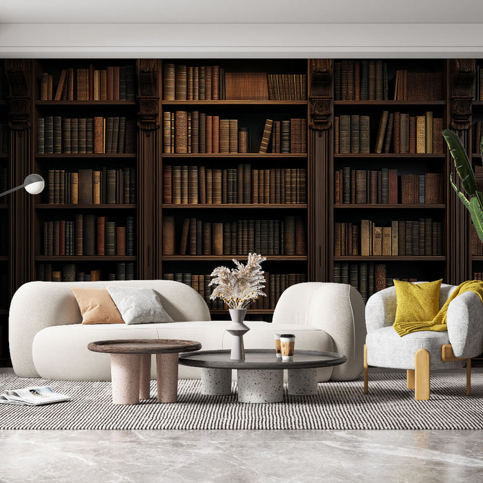 Un salon moderne avec un papier peint représentant une bibliothèque en bois sombre, créant une atmosphère chaleureuse et intellectuelle.