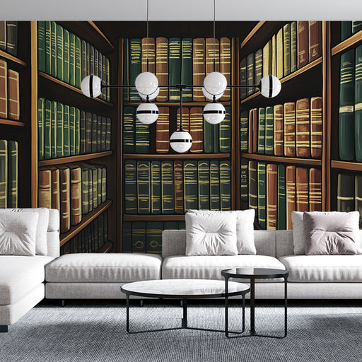 Un salon moderne avec un papier peint représentant une bibliothèque aux étagères chargées de livres aux teintes vertes et dorées, créant une ambiance chaleureuse et intellectuelle.