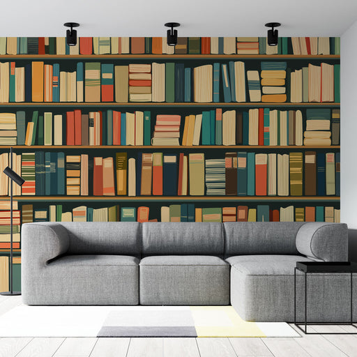 Un salon moderne avec un papier peint illustrant des étagères remplies de livres aux couleurs variées, créant une atmosphère chaleureuse et accueillante.