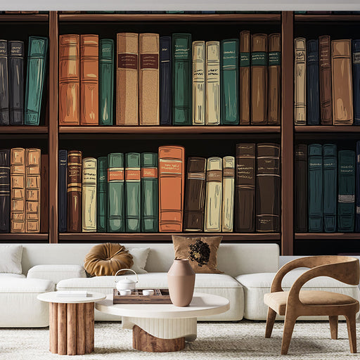 Un salon élégant avec un papier peint illustrant une bibliothèque vintage aux livres colorés, créant une atmosphère chaleureuse et studieuse.