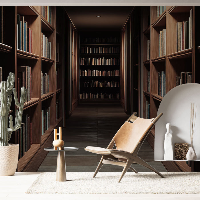Papier peint bibliothèque | Mur de livres en bois chaleureux