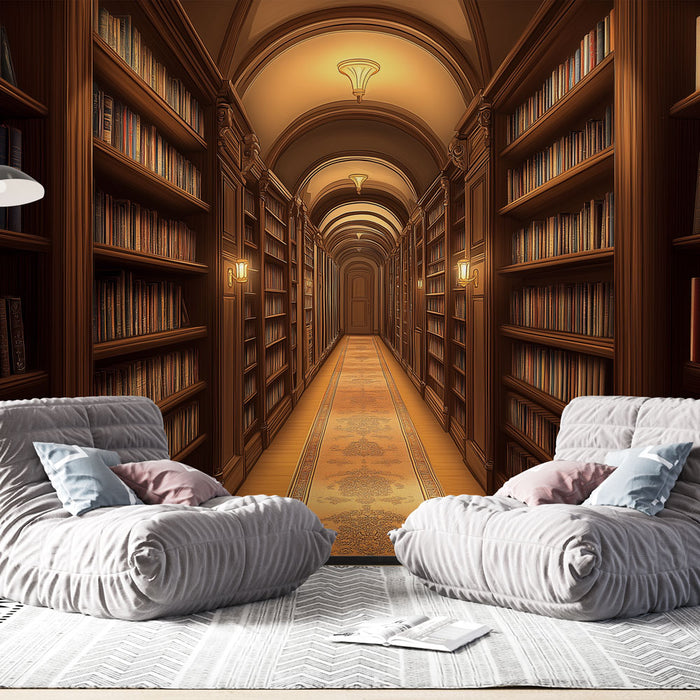 Une bibliothèque élégante avec un papier peint représentant un long couloir en bois sombre, créant une atmosphère chaleureuse et studieuse.