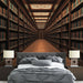 Une chambre moderne avec un papier peint représentant une bibliothèque majestueuse, aux étagères en bois foncé et aux livres colorés, créant une ambiance studieuse et chaleureuse.