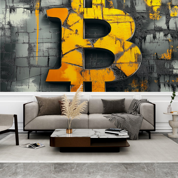 Papier peint Bitcoin | Lettres en relief stylisées sur fond texturé gris et orange