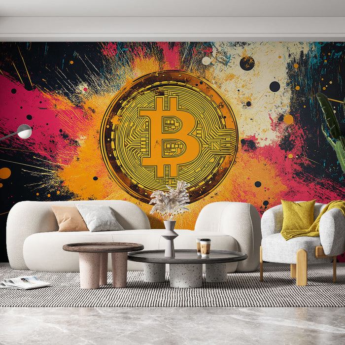 Papier peint moderne avec motif Bitcoin dynamique inspiré de la cryptomonnaie pour salon contemporain