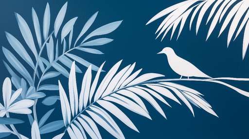 Papier peint bleu canard avec motifs de feuillage et oiseaux Élégance tropicale minimaliste