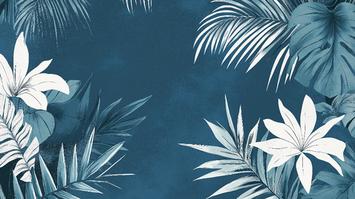 Papier peint bleu canard Feuillage tropical élégant et fleurs stylisées
