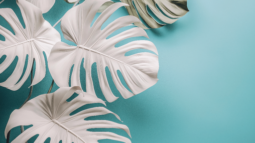 Papier peint bleu canard Feuilles blanches de monstera sur fond turquoise
