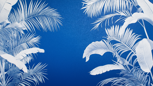 Papier peint bleu canard Feuilles blanches élégantes sur fond bleu profond