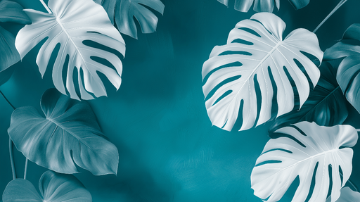 Papier peint bleu canard Feuilles tropicales blanches sur fond apaisant