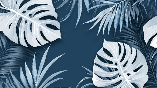 Papier peint bleu canard Feuilles tropicales élégantes sur fond bleu profond