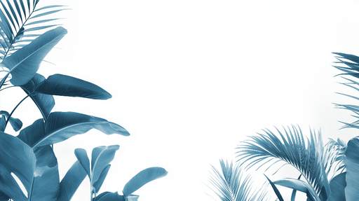 Papier peint bleu canard Feuilles tropicales sur fond blanc minimaliste