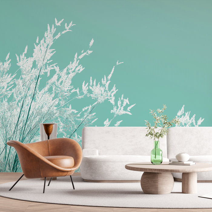 Papier peint bleu canard | Motif de plantes délicates sur fond bleu apaisant