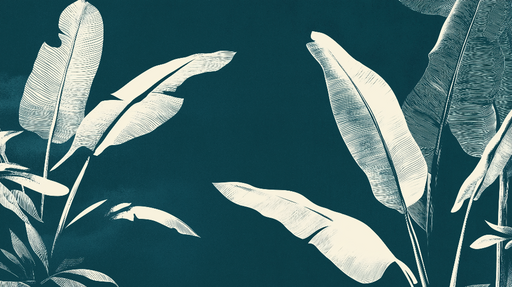 Papier peint bleu canard Motifs de feuilles exotiques en ligne épurée