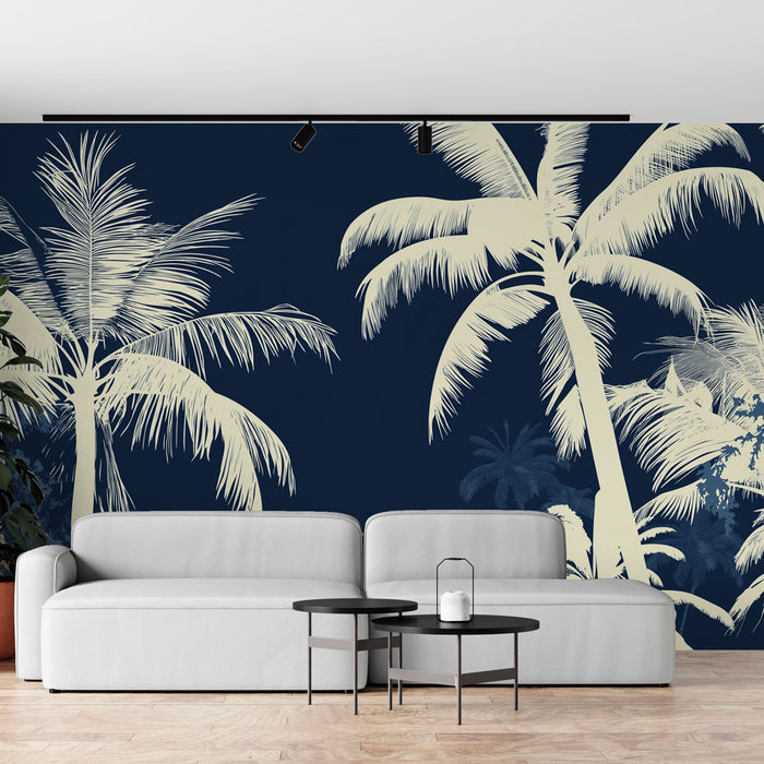 Papier peint bleu canard | Palmiers en silhouette sur fond sombre